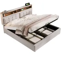 Merax Gestoffeerd Tweepersoonsbed 140x200 cm inclusief 7-Zone Koudschuim Matras - Luxe Bed met USB-C Oplaadfunctie en Hydraulische Opbergruimte - Linnen Stof - Beige
