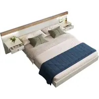 Merax Tweepersoonsbed 160x200 cm met Nachtkastjes en LED Verlichting – Wit met Eiken Bruin – Bed met USB-C Oplaadfunctie