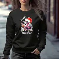 B&C Dames kersttrui- Merry Flamingo- Maat S- zwarte kersttrui- Foute kersttrui flamingo.
