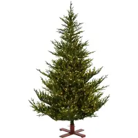 Our Nordic Christmas Sami Mountain Spruce Wood verlichte kunstkerstboom - 228 cm - Donkergroen - Ø150 cm - 5073 tips - 750 ledlampjes (warm wit) - Houten voet