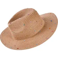 Decopatent - Zonnehoed Dames - Festival Hoed met Glitters - Zomerhoed - Strohoed UV - Strandhoed Hoofddeksel met Brede rand - Hoed voor Volwassenen - Kleur: Naturel