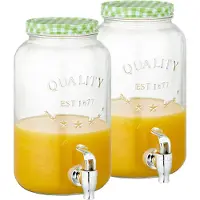 Cepewa Set van 2x stuks glazen drankdispensers/limonadetap met groen/wit geblokte dop 3,5 liter - Tapkraantje