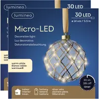 Lumineo Verlichte kerstballen - 2x - glas - aan lint - D14 cm - goud - 15 led lampjes - warm wit