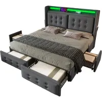 Merax 160x200 cm Polsterbed - Doppelbett met LED-Kopfteil en USB-C Ladefunctie - 4 Schubladen en Lattenrost van Hout en Metaal - Belastbaarheid 300 kg - Grijs - Met Matras