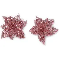 Inge-glas 6x stuks decoratie kerstster bloemen roze glitter op clip 18 cm - Decoratiebloemen/kerstboomversiering/kerstversiering