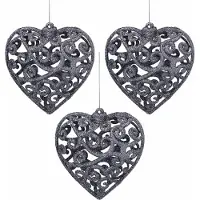 Sarcia.eu Antraciet hart kerstballen, set opengewerkte kerstballen, kerstboomornamenten 10,5 cm, 3 stuks