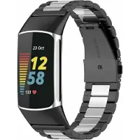 Strap-it Stalen Smartwatch bandje - Geschikt voor Fitbit Charge 5 / Fitbit Charge 6 stalen band - zwart/zilver - Horlogeband / Polsband / Armband