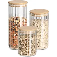Zeller Voorraad/bewaar pot Grooves - set 3x stuks - hard glas - bamboe deksel - lucht dicht