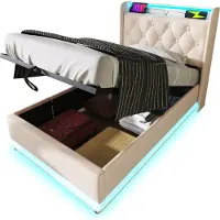 Merax Gestoffeerd Bed met 360° LED Verlichting - USB Type-C Oplaadfunctie - en Hydraulische Opslag - Enkel Bed 90 x 200 cm - Wit PU Materiaal - Inclusief Matras