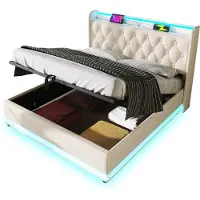 Merax Tweepersoonsbed 140x200 met Matras en Hydraulisch Opbergruimte – Wit – Bed met LED en USB-C