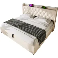 Merax Gestoffeerd Bed 140x200 cm met 360° LED Verlichting - USB Type-C Oplaadfunctie - Hydraulische Opbergruimte - Wit PU Materiaal - Met Afstandsbediening en App-besturing (zonder matras)