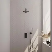 Brauer Black Carving thermostatische inbouw regendouche 3-weg omstelling SET 26 met 30 cm douchekop en rechte muurarm en staaf handdouche en doucheslang en wandaansluitbocht mat zwart