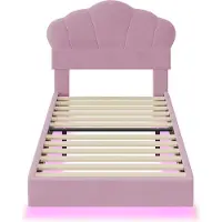 Merax Polsterbed 90 x 200 cm met LED Verlichting - Wolkenvormig Hoofdbord - Verborgen Voeteneind - Kinderbed - Jongens- en Meisjesbed - Jeugdbed - Velvet Stof - Roze (zonder Matras)