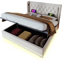 Merax Gestoffeerd Tweepersoonsbed 180x200 cm – Beige – Hydraulisch Opbergbed met USB en Type-C Oplaadfunctie – LED Verlichting – Hoofdbord met Knopen