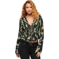 Superdry Dames Zwarte bloemenblouse jaren 70 (S), Casual, Viscose, Korte mouwen W6011969A
