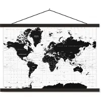 MuchoWow Wereldkaart Zwart Wit Modern schoolplaat platte latten zwart 150x100 cm - Foto print op textielposter (wanddecoratie woonkamer/slaapkamer)