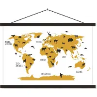 MuchoWow Wereldkaart kinderkamer dieren schoolplaat platte latten zwart 90x60 cm - Foto print op textielposter (wanddecoratie woonkamer/slaapkamer)