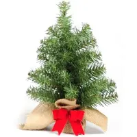 Merkloos Forest Table Tree kunst (tafel)kerstboom - 30 cm - groen - Ø 25 cm - 38 tips - met rode strik - jute zak