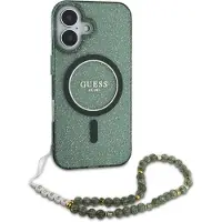 GUESS MagSafe IML Glitter Case met beads strap voor de Apple iPhone 16 Pro Max - Green