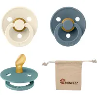 BIBS Dental fopspenen Anatomical 0-6 maanden- Set 3 stuks- Ivory, Petrol, Island Sea + Monkiezz speenzakje - orthodontisch- Anatomisch- Maat 1