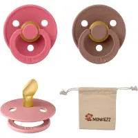 BIBS Dental fopspenen Anatomical 0-6 maanden- Set 3 stuks- Coral, Dusty Pink, Woodchuck + Monkiezz speenzakje - orthodontisch- Anatomisch- Maat 1