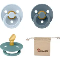 BIBS Dental fopspenen Anatomical 0-6 maanden- Set 3 stuks- Baby Blue, Petrol, Island Sea + Monkiezz speenzakje - orthodontisch- Anatomisch- Maat 1