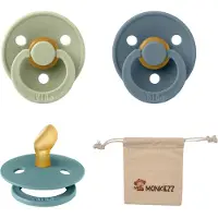 BIBS Dental fopspenen Anatomical 0-6 maanden- Set 3 stuks- Sage, Petrol, Island Sea + Monkiezz speenzakje - orthodontisch- Anatomisch- Maat 1