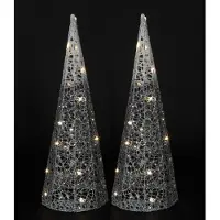Countryfield LED verlichte kegel kerstboom lampen - 2x - zilver - metaal- H40 cm -