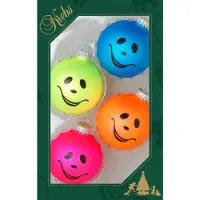 Krebs Kerstballen 4x stuks glas 7 cm neon Smile Emoticon - kerstdecoratie - kerstboomversiering