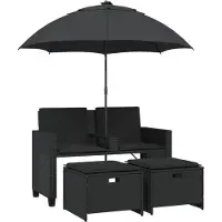 vidaXL Tuinbank 2-zits met parasol en voetenbanken poly rattan zwart