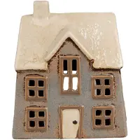 Clayre & Eef Waxinelichthouder Huis 15x10x17 cm Grijs Beige Keramiek Theelichthouder Grijs Theelichthouder