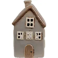 Clayre & Eef Waxinelichthouder Huis 9x9x16 cm Grijs Bruin Keramiek Theelichthouder Grijs Theelichthouder