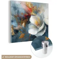 MuchoWow Glasschilderij 90x90 cm - Schilderij acrylglas - Bloemen - Wit - Goud - Kunst - Abstract - Foto op glas - Muurdecoratie woonkamer - Wanddecoratie slaapkamer - Schilderijen