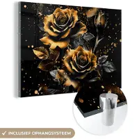 MuchoWow Glasschilderij 120x80 cm - Schilderij acrylglas - Rozen - Goud - Zwart - Bloemen - Modern - Foto op glas - Muurdecoratie woonkamer - Wanddecoratie slaapkamer - Schilderijen