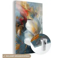 MuchoWow Glasschilderij 60x90 cm - Schilderij acrylglas - Bloemen - Wit - Goud - Kunst - Abstract - Foto op glas - Muurdecoratie woonkamer - Wanddecoratie slaapkamer - Schilderijen