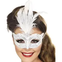 Vegaoo Venetiaans zilverkleurig masker met witte veren voor volwassenen