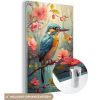 MuchoWow Glasschilderij 120x180 cm - Schilderij acrylglas - IJsvogel - Bloesem - Natuur - Vogels - Bloemen - Foto op glas - Muurdecoratie woonkamer - Wanddecoratie slaapkamer - Schilderijen