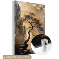 MuchoWow Glasschilderij 120x160 cm - Schilderij acrylglas - Boom - Goud - Landschap - Verf - Foto op glas - Muurdecoratie woonkamer - Wanddecoratie slaapkamer - Schilderijen