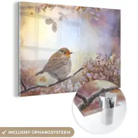 MuchoWow Glasschilderij 90x60 cm - Schilderij acrylglas - Vogel - Tak - Bladeren - Abstract - Foto op glas - Muurdecoratie woonkamer - Wanddecoratie slaapkamer - Schilderijen