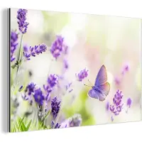 MuchoWow Aluminium schilderij 30x20 cm - Wanddecoratie metaal - Lavendel - Vlinder - Bloemen - Metalen muurdecoratie woonkamer - Decoratie industrieel - Foto op dibond - Industriële accessoires slaapkamer