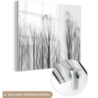 MuchoWow Glasschilderij 90x90 cm - Schilderij acrylglas - Bomen - Zwart wit - Vogels - Natuur - Foto op glas - Muurdecoratie woonkamer - Wanddecoratie slaapkamer - Schilderijen