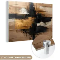 MuchoWow Glasschilderij 180x120 cm - Schilderij acrylglas - Modern - Zwart - Goud - Verf - Foto op glas - Muurdecoratie woonkamer - Wanddecoratie slaapkamer - Schilderijen