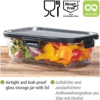 Wenko Glazen bewaarbak Steel 1 liter, luchtdichte bewaarbak van glas met deksel van roestvrij staal, vaatwasmachinebestendige bak, ruimtebesparend stapelbaar & lekvrij, 20 × 7 × 15 cm
