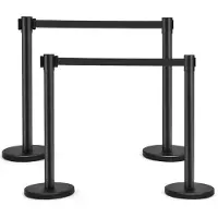Costway Set Van 4 Afzetpalen Met 2 Intrekbare Banden RVS Zwart - Wachtrij Controle Barrière 200cm 90 cm Hoogte