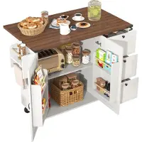 Merax Keukenwagen 140x45(73)x92.5 cm op Wielen – Keukeneiland met Uitklapbaar Werkblad - Opbergkast - Drie Lades