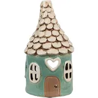 Clayre & Eef Waxinelichthouder Huis Ø 11x20 cm Groen Keramiek Theelichthouder Groen Theelichthouder