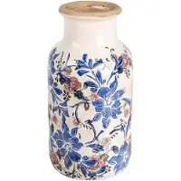 Clayre & Eef Vaas Ø 14x26 cm Beige Blauw Keramiek Bloemen
