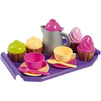 Androni Cupcake Theeset - Kunststof speelset - Dienblad met 2 kopjes en 2 schoteltjes - 4 cupcakes