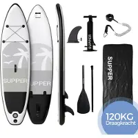 SUPPER Sup Board - Max. 120KG - Opblaasbaar – Paddle Board – Pomp – Vin – Leash – Draagtas – 285 x 76 cm - Zwart