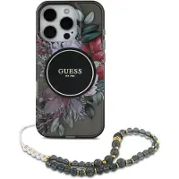 GUESS MagSafe IML Flowers Case met beads strap voor de Apple iPhone 16 Pro - Zwart